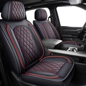 MIROZO Ram Seat Covers Full Set Waterproof Truck Seat Covers Leather Car Seat Protector Fits 2009-2025 Ram 1500/2500/3500 Crew Quad Regular Cab Pickup with Split Flat Bench 40/60, Black and Red