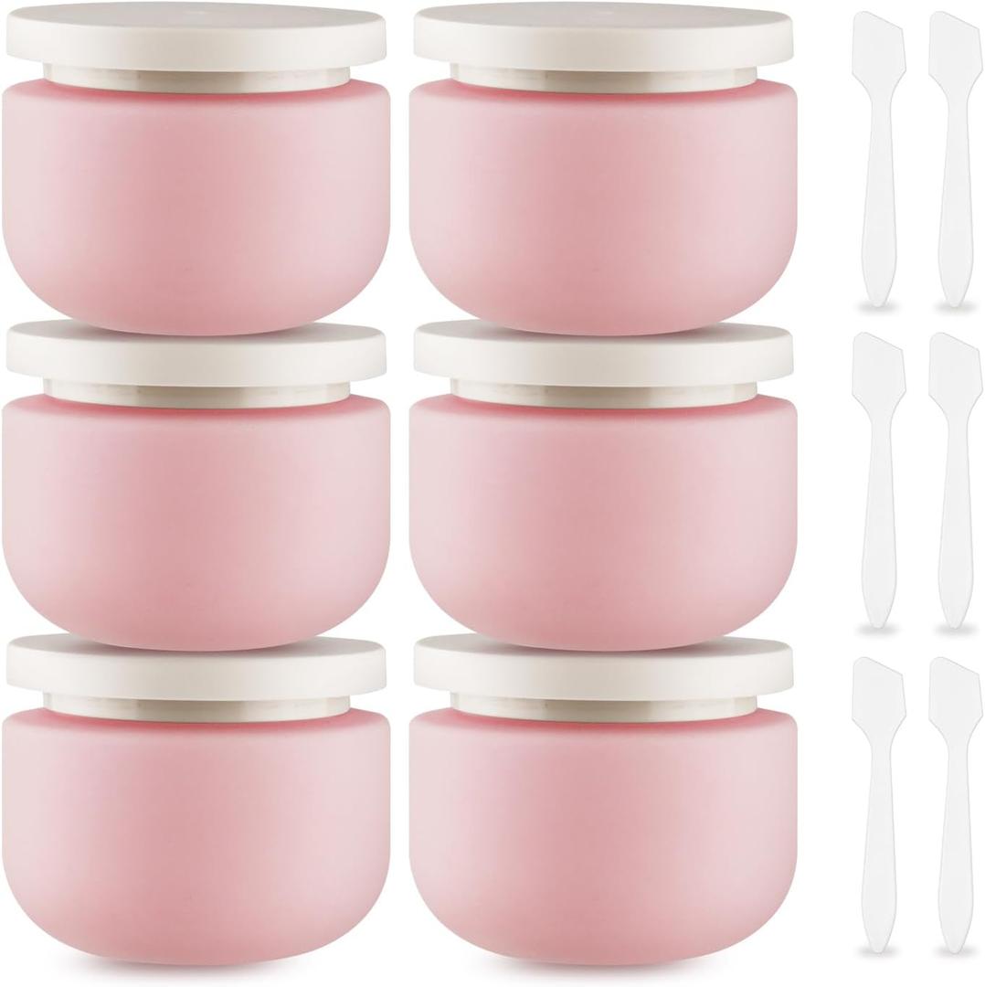6 Pcs 250ml/8oz Matte Pink Plastic Cream Jars with 6 Spatulas Empty Refillable Facial Scrub Bottles Travel Size Cosmetic Containers for Powders Lotion Pills Jewelry Toiletries