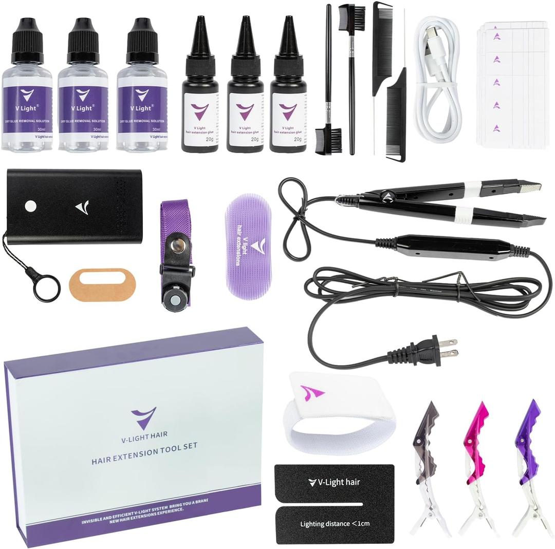 V Light Hair Extensions Kit V-Light Extension Machine V-Light Extension Remover Machine .V-Light Glue 20g * 3 v Light Glue Remover Solution 20ml * 3 (Black Machine Set) 