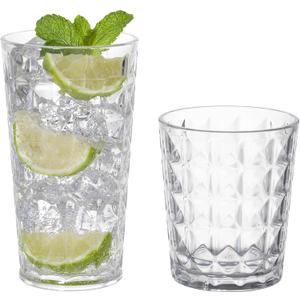 KLIFA- CUPID- 16 & 21 ounce, Set of 8, Acrylic Drinking Glasses, Tumbler Highball Glass Set, BPA-Free, Stackable Plastic Drinkware, Dishwasher Safe, Clear