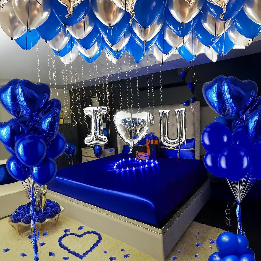 I Love You for Him/Her Balloons 56pcs Royal Blue and Sliver balloon kit Include 18 Inch Heart Shaped Balloons and 500 Blue Artificial Rose Petals Romantic Decoration Kit for Valentines Party