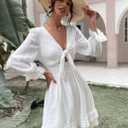 AlvaQ Dress for Women Long Sleeve Short Mini Dress Deep V Neck Ruffle Flowy Sundress Fashion 2025 White, Large