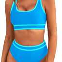 BMJL Women's High Waisted Bikini Sets Sporty Two Piece Swimsuits Color Block Cheeky High Cut Bathing Suits (Large, Blue)