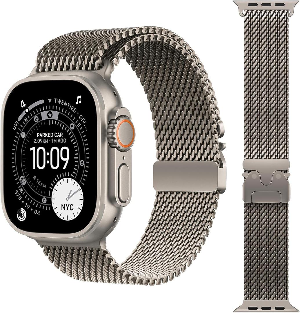 Titanium Milanese Loop Band Compatible with Apple Watch Bands Ultra 3/2/1 49mm 46mm 45mm 44mm for Men Women, Parachute-style Buckle Metal Mesh Bracelet Strap for iWatch Series 11 10 SE 9 8 7 6 5 4