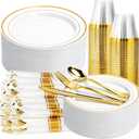 350PCS Gold Plastic Plates Dinnerware Set, Thanksgiving Disposable Plates, 50 Dinner and 50 Dessert Plates, 50 Pre Rolled Napkins with Silverware and 50 Cups for Party and Wedding
