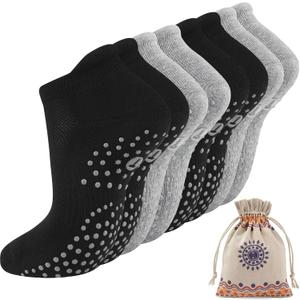 Pilates Socks for Women, Cushioned Ankle Grippy Non Slip Socks for Yoga, Hospital, Barre, Sports Home Slipper 4 Pairs (M, Black and Grey 4 Pairs)