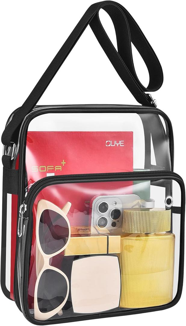 MAY TREE Clear Messenger Bag Stadium Approved Clear Bag Purse for Stadium Events Concert Sport Work (Black)