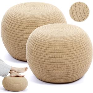 Briwooody 2 Pcs Handmade Round Cotton Knitted Low Pouf Ottoman