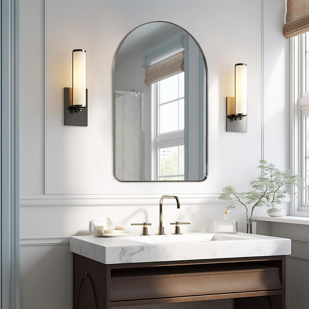 ANDY STAR Arched Mirror, 24 x 32 Inch Brushed Nickel Wall Mirror in Stainless Steel Metal Frame, Arch Top Rounded Corner 1 Inch Deep Set Design Wall Mount Hangs Vertical