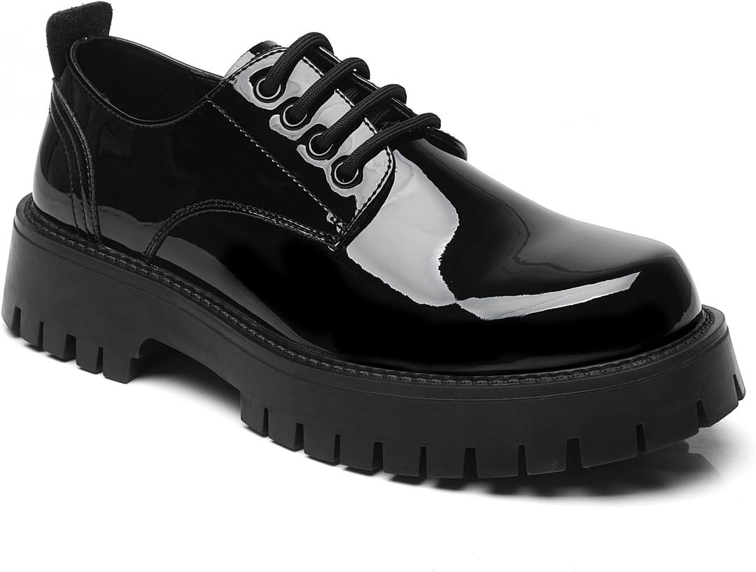 Men's Leather Lace Up Platform Oxfords Round Toe Chunky Heel Lug Sole Heightening Soft Bottom Derby Casual Shoes Classic Work Office Business Dress Shoes (Black)