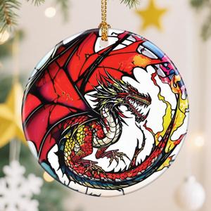 4 x Ceramic-Style Christmas Tree Decorations, Christmas Ornaments, Double-Sided Printed Ornament Keepsakes, Holiday Decor. Xmas Gifts, Gifts for Dragon Lovers - Dragon-Themed
