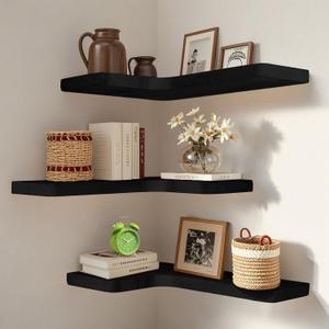 Floating Corner Shelves Set of 3, Solid Wood Picture Wall Shelf, Floating Shelves for Storage for Bedroom Kitchen Bathroom Living Room (Black)