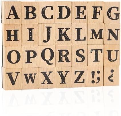 28-Piece Wooden Alphabet Stamps Set, 1 Inch Rubber Stamps, Retro Capital Letter Stamps Seal Series for Crafting, DIY Projects, Card Making, Scrapbook (Letter Stamps)