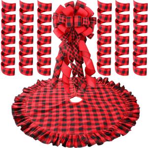 Syhood Christmas Tree Topper Bow Buffalo Plaid Christmas Tree Topper Large Christma Decoration with Bows Ribbon Xmas Plaid Skirt Ornament(Red and Black)