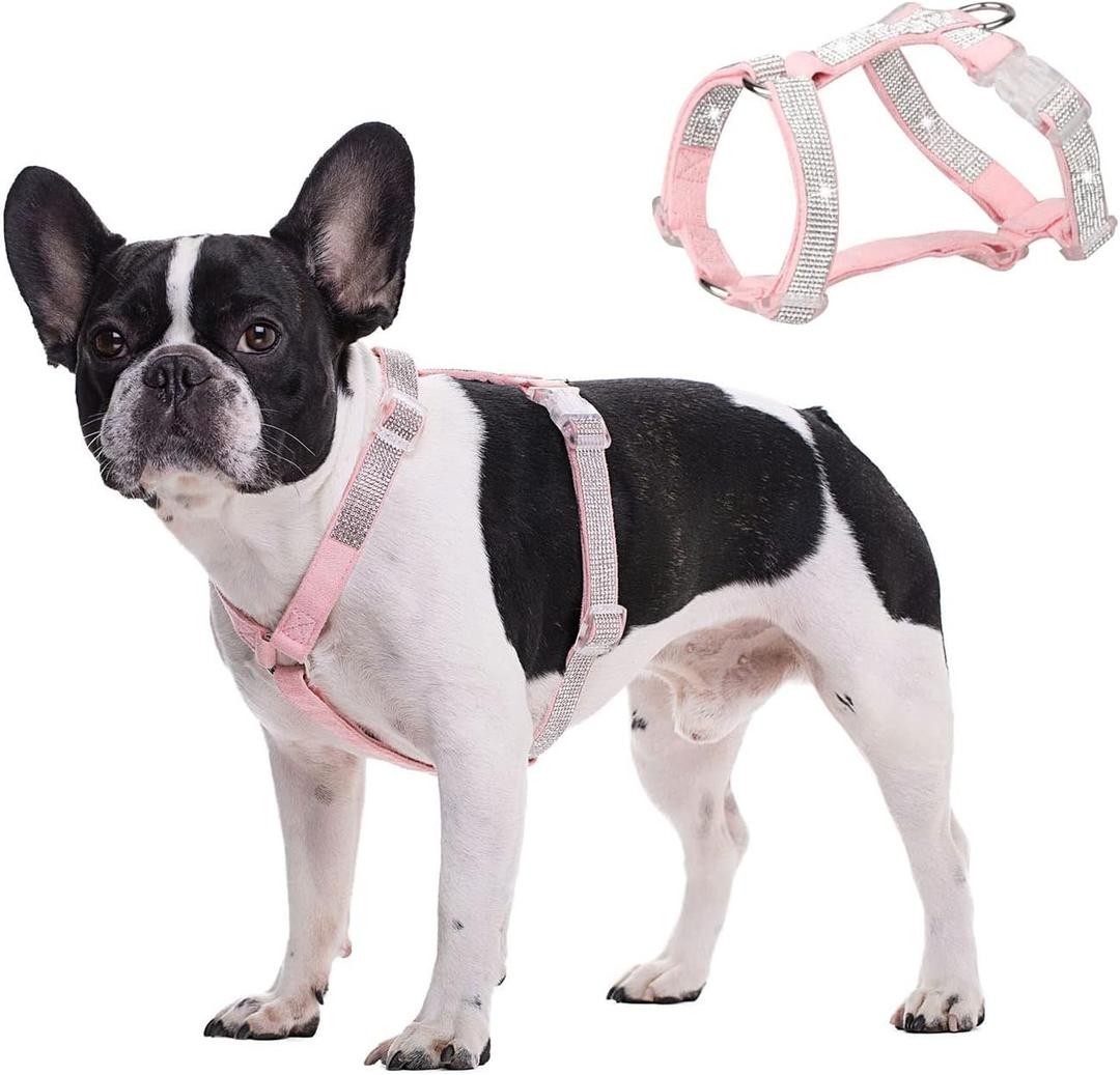 HDKUW Dog Shining Rhinestone Harness, No Pull Adjustable Buckle D-Ring Harness for Small Medium Dog (Pink M) (Head Girth 16-22", Chest Girth 19-25")