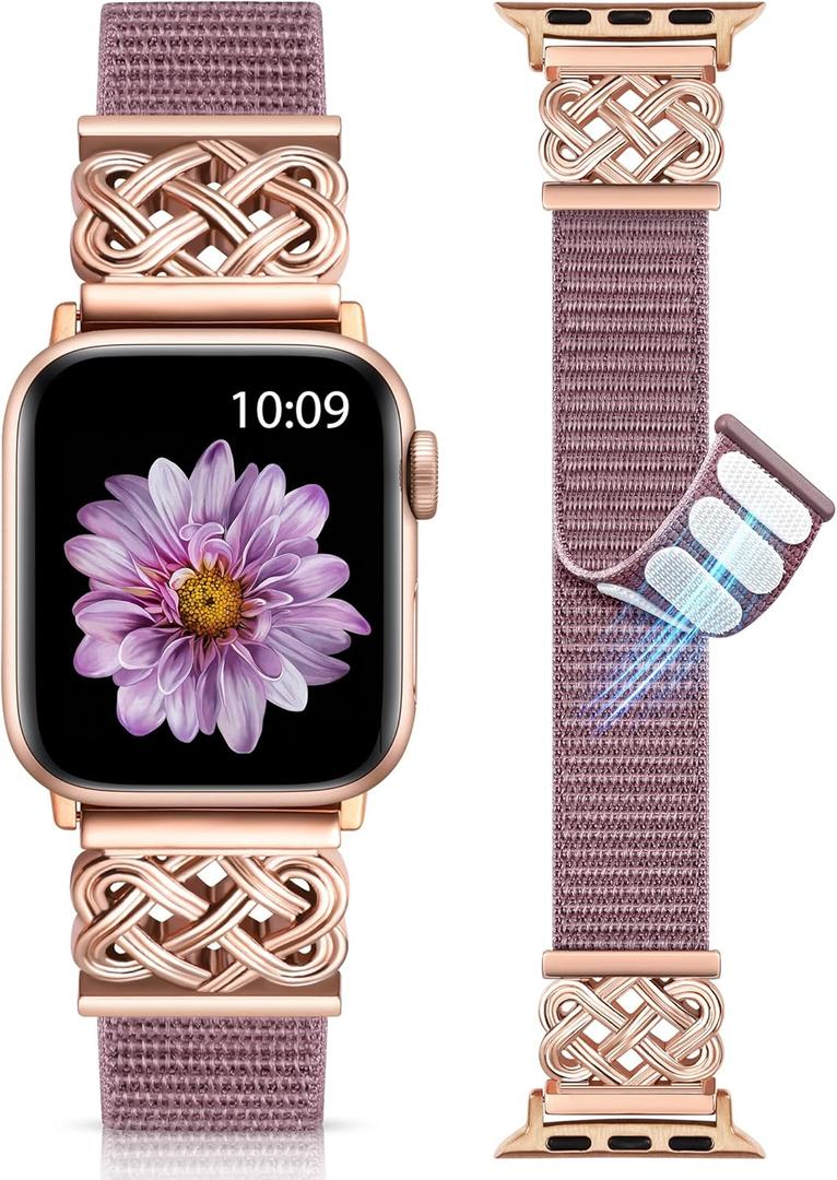 Minyee Nylon Loop Band Compatible with Apple Watch Bands 38/40/41/42/44/45/46/49mm Women Men, Celtic Knot Dressy Adjustable Breathable Braided Straps for iWatch Series 11 10 9 8 7 6 5 4 SE/Ultra 3 2 1 (Smoke Violet/Rose Gold)