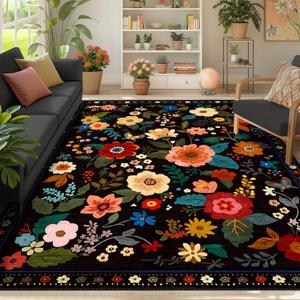 Floral 6x9 Area Rug Machine Washable Soft Print Boho Carpet Non Slip Doormat Low Pile Flower Area Rugs for Living Room Bedroom Nursery Kitchen Dining Room Indoor-Black Floral 6x9 Area Rug Machine Washable Soft Print Boho Carpet Non Slip Doormat Low Pile Flower Area Rugs for Living Room Bedroom Nursery Kitchen Dining Room Indoor-Black