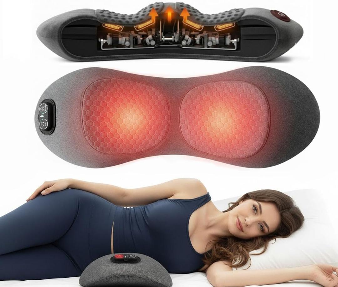 3 in 1 Back Massager for Spine and Lower Back, Electric Lumbar Massager with Heat, Spine Massage Pillow with Traction Support for Home and Office Comfort (Grey) (Grey)