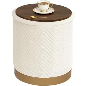 B FSOBEIIALEO Ottoman with Stroage, Round Velvet Storage Ottoman with Gold Plating Base,Foot Rest Stool for Dorm Room, Living Room White, 14.76"x14.76"x16.36"