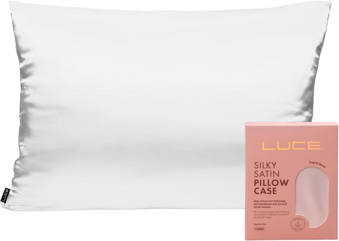 LUCE Satin Pillow case Premium 600 Thread Count Silky Comfort for Hair and Skin  Similar to Silk Pillow Cases for Beauty Sleep, Cooling and Breathable Hidden Closure, Standard Size 20 x 26 (White)