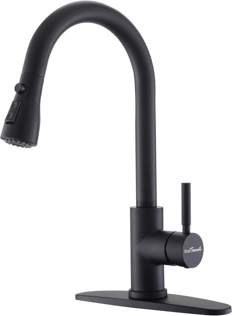 Kitchen Faucet with Pull Down Sprayer, Single Handle Matte Black Stainless Steel Pull Out Kitchen Sink One Hole Faucet for Farmhouse Laundry Utility Rv Bar Sinks