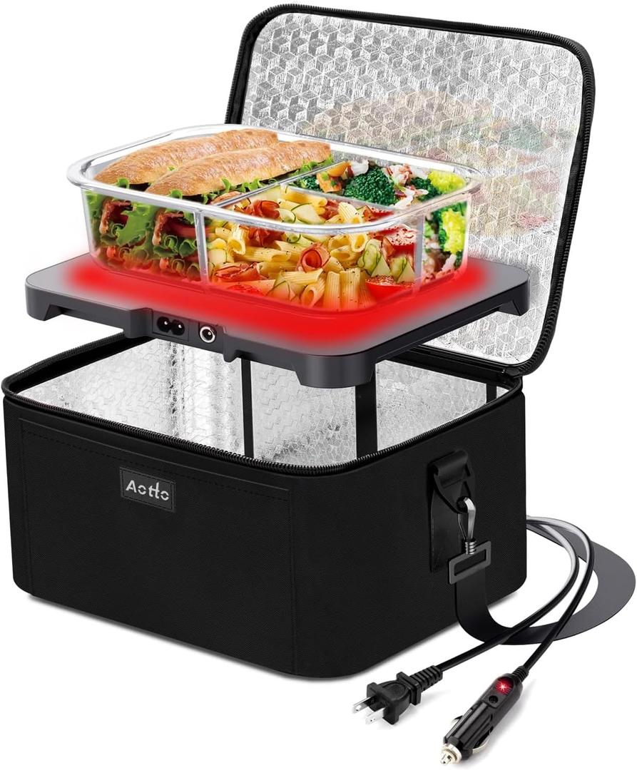 Aotto Portable Oven, Electric Lunch Box Food Heater - 12V/24V/110V 3-in-1 Car Food Warmer - Mini Personal Microwave Heated Lunch Box Warmer for Car, Truck, Travel, Office & Home Use - Black