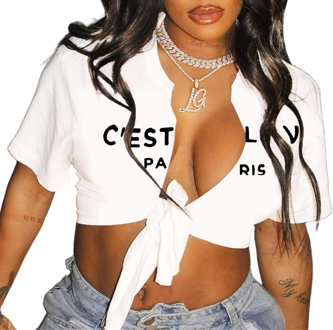 Sexy Graphic Crop Tops for Women Summer Short Sleeve Tie up Tee Shirt (Medium, Cest White) Sexy Graphic Crop Tops for Women Summer Short Sleeve Tie up Tee Shirt (Medium, Cest White)