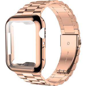 iiteeology Compatible with Apple Watch Bands 44mm Series 6 5 4 Se, Upgraded Stainless Steel Band with iWatch Screen Protector Case for Men Women Rose Gold