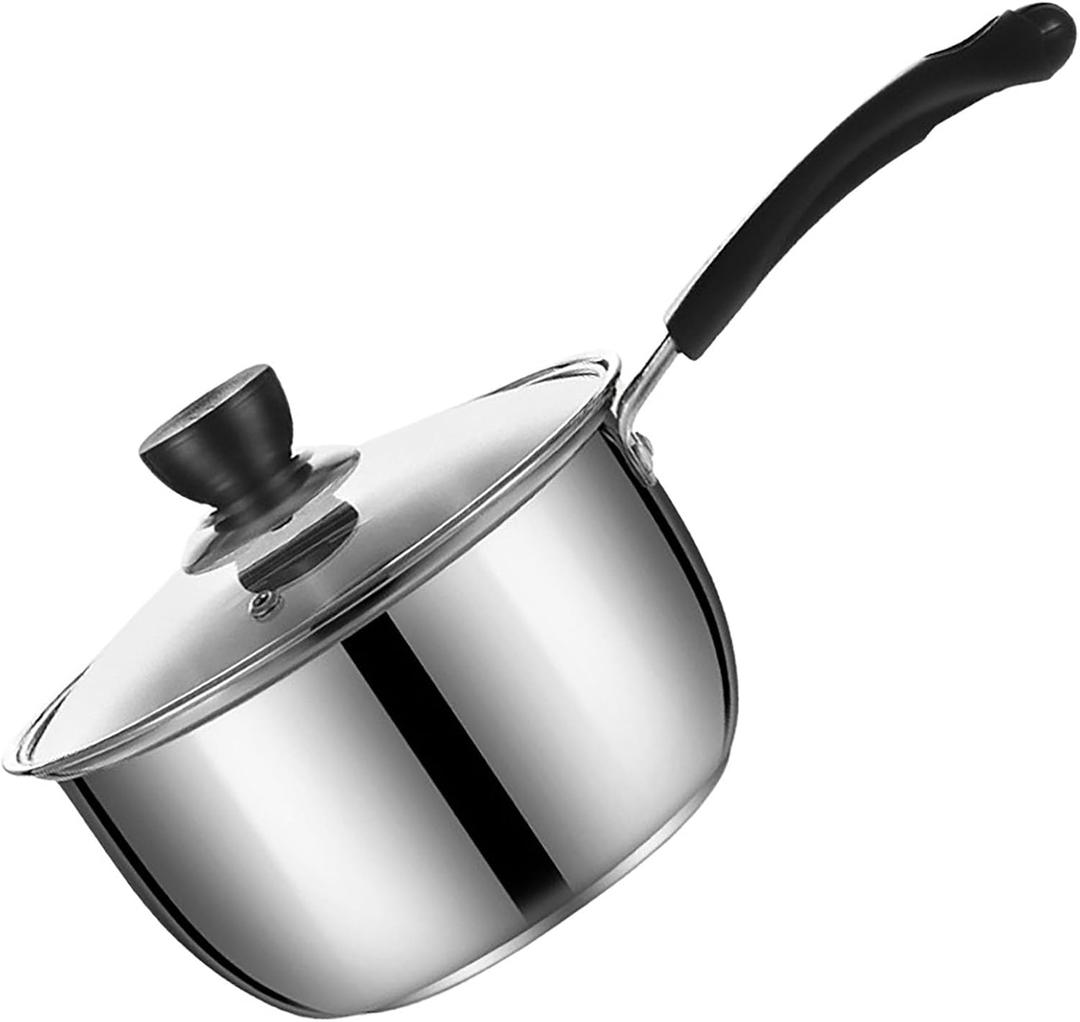 Stainless Steel Thin Saucepan, 1.3 Quart Long Handle Milk Pot with Lid for Warming, Cooking and Boiling Milk, Spaghetti, Soup in Kitchen and Outdoor (18cm)