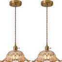 2 Pcs/Package Amber Glass Pendant Light Fixtures,Vintage/Antique Champagne Gold Pendant Lights Kitchen Island over Sink/Table,Orange Pendant Glass Chandelier for Bedroom Hotel Dining Room Hanging Down