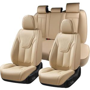 Automotive Seat Covers, Beige Car Seat Cover Full Set, Luxury Faux Nappa Leather Automotive Seat Protectors, Car Seat Cushions Universal Fit for Most Sedans SUVs Trucks - Beige