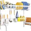 Over The Sink Dish Drying Rack, Adjustable (25.5 to 36.5 inch) 2 Tier Metal Steel Dish Drying Racks for Kitchen Counter with Hooks Paper Towel Utensil Cup Holder Sink Caddy (White)