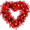 2 Pcs Valentine s Day Wreaths with Lighted- 14'' Heart Wreaths for Front Door Valentines Decorations Heart Shaped Tinsel Wreath and 20 LED Light for Wedding Proposal Engagement Party (Classic Style)