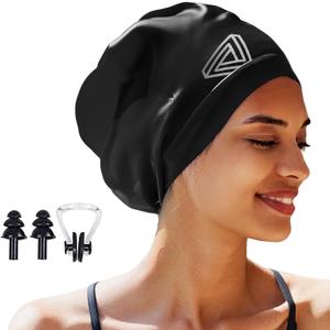 2 x Large Swimming Cap, Suitable for Men and Women, Specially Designed Swimming Cap, Suitable for Very Long and Thick Curly Hair and Braids, Keep Hair Dry (Black)
