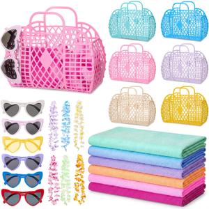 24 Pcs Pool Party Favors for Women Girls Trip Gifts, Summer Beach Bachelorette Party Supplies Includes Jelly Baskets, Heart Sunglasses, Beach Towels, Hawaiian Leis
