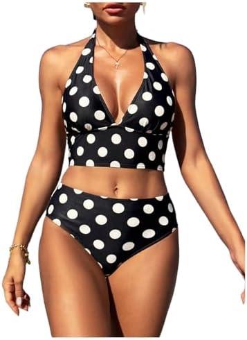 MakeMeChic Women's Polka Dots Tankini Bathing Suits Halter Tie Backless Beach Swimsuits, S