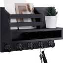 Key and Mail Holder Wall Mount, Key Hanger with Long Storage Box and 5 Hooks for Coat, Dog Leash, Home Decor Rack, House Accessories, Entry Way Organizer 11.8W x 7.8H x 3.2D (Black)