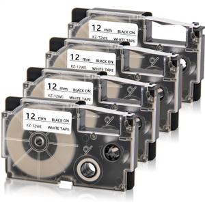 Absonic 4-Pack Compatible for Casio XR-12WE XR-12WE2S Label It Tape Cartridge 12mm Black on White for KL-100 KL-120 KL-60 KL-7000 KL-7200 KL-750B KL-780 EZ Label Printer