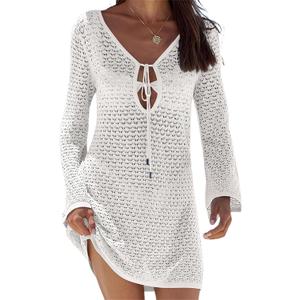 Owl's-Yard Womens Summer Crochet Dress Tie Up Front Hollow-Out V Neck Long Sleeves Bodycon Dress Sarongs for Women Beachwear (Large)