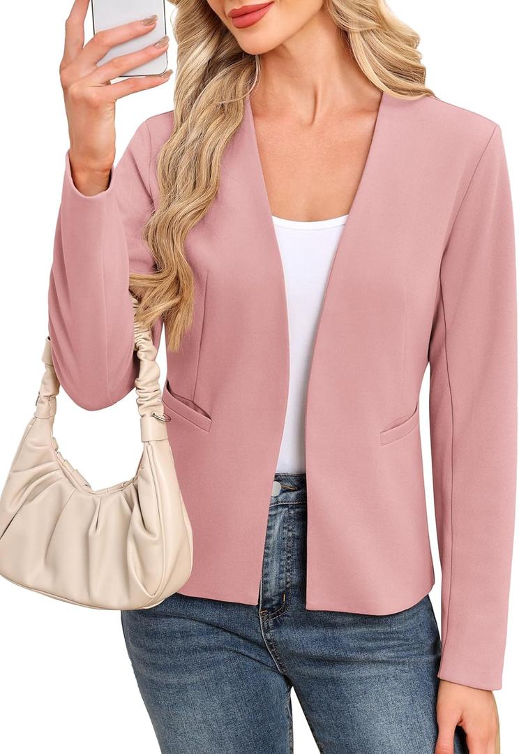 AGSEEM Full Lining Sweater Blazers for Women Open Front Long Sleeve Work Office Suit Jackets Blazer with Pockets (Beige, L)