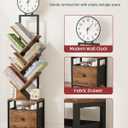 HIGDBFE 6 Tier Tree Bookshelf with Clock and Fabric Drawer, Small Narrow Bookcase, Tall Floor Standing Book Shelf for Bedroom, Living Room, Home Office, Rustic Brown