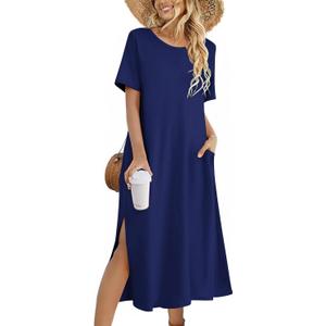 Zeagoo Women Floral Summer Dress Casual Beach Dress Printed T Shirt Dress Split Long Dress Travel 2025 Vacation Dress (X-Large, 01 Navy)