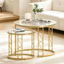 Garden 4 you Nesting Coffee Table, 23.6" Round Coffee Table Set of 2, Glass Nesting Table with Metal Frame, Ceter Tables for Living Room Bedroom Balcony, Gold