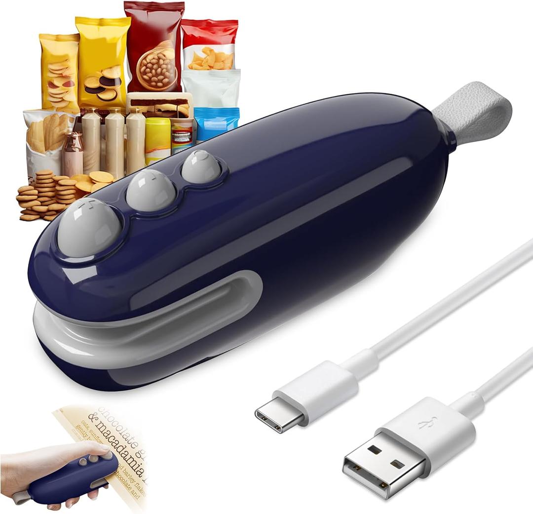 Mini Bag Sealer, 2026 New 2 In 1 Mini Bag Sealer With Cutter And Magnet, Portable Handheld 2 In 1 Rechargeable Plastic Bags Snack Sealer (1, Blue)