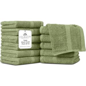 Cotton Washcloths Set of 12, 12x12 Inch, 100% Ring-Spun Combed Cotton, Soft Absorbent Quick-Dry Wash Cloths for Face and Body, Oeko-TEX Certified, Hotel & Spa Quality, Sage