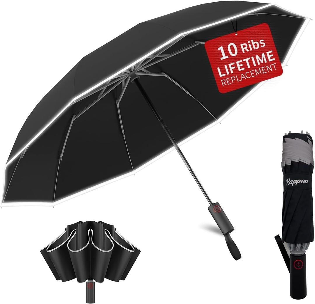 Rappeo 4-in-1 Inverted Travel Umbrella Compact, Automatic Large Umbrellas for Rain & Sun, Portable Windproof Umbrella for Backpack, Reverse Folding Umbrella for UV with Reflective Strips,Lightweight (Black)