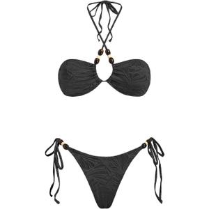 VOLAFA Triangle Bikini Set for Women Halter Swimsuit Beaded Solid Tie Textured Cheeky Swimwear Two Piece Bathing Suit (Black, M)