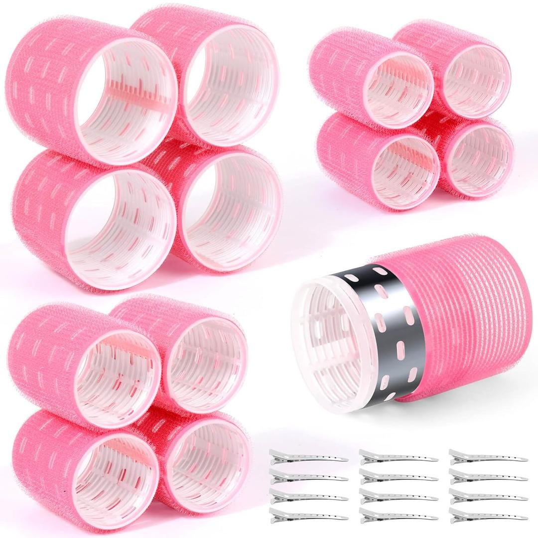 Thermal Jumbo Rollers Hair Curlers Set with Clips - 24 Large Self-Grip Rollers for Volume and Curls on Long, Medium, Short Hair (63mm, 48mm, 36mm) (Pink)
