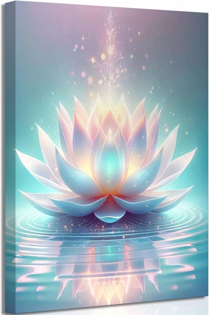 Zen Canvas Wall Art White and Blue Lotus Flower Bloom in Water Picture Yoga Spa Meditation Spiritual Room Wall Decor Poster Print Artwork for Bathroom Bedroom Office Yoga Room Home Decoration (16L" x 12W")
