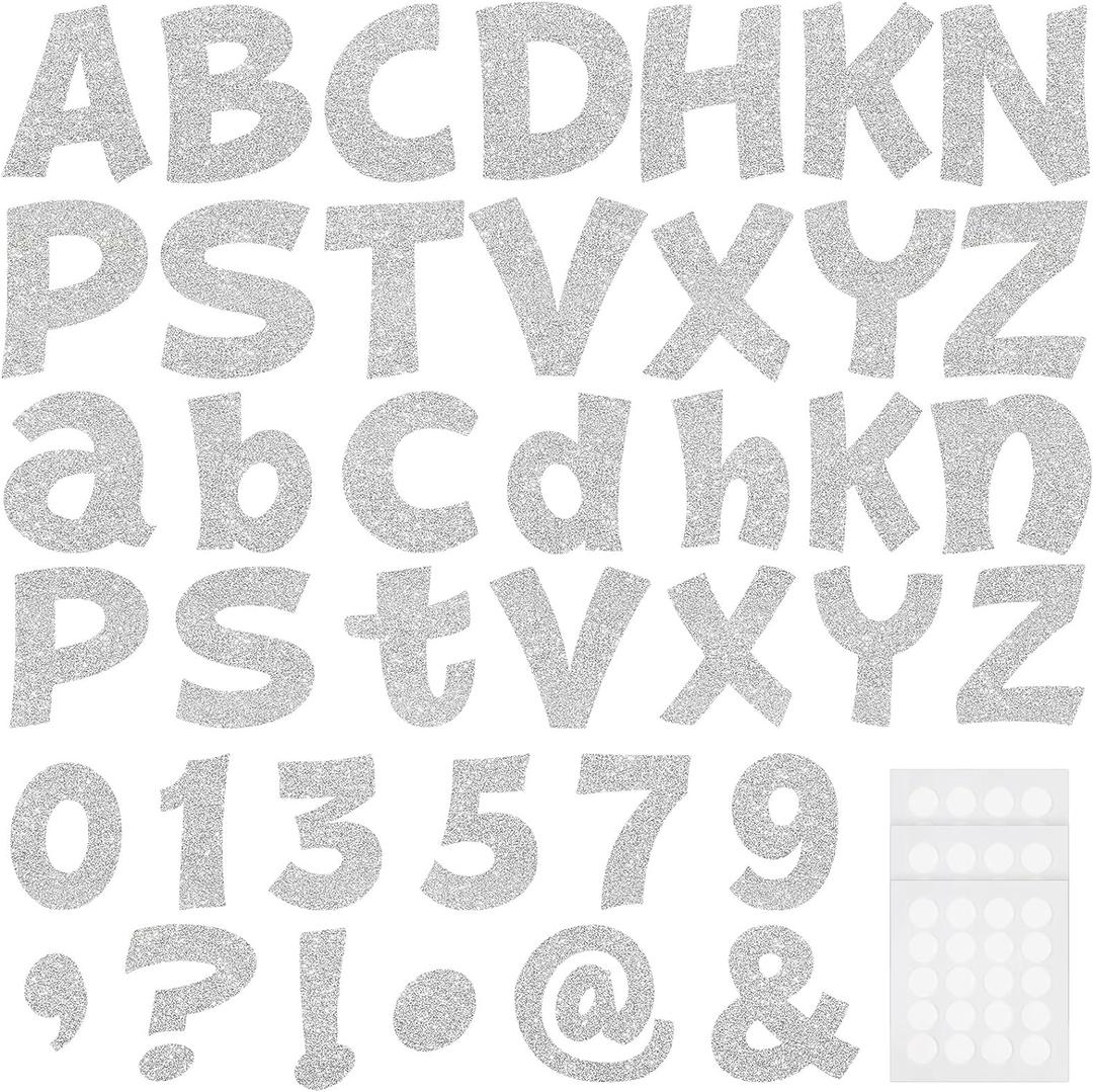 Colarr 216 Pcs Glitter Bulletin Board Letters for Classroom Numbers Alphabet 4 Inch Poster Board Letters with Adhesive Dots Punctuation Symbols Cutout Bulletin Display School Decor(Silver)